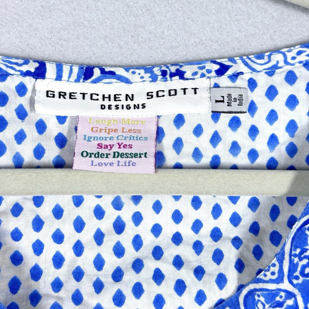 Gretchen Scott Top Womens Large Blue Paisley Tunic Resortwear Coastal V Neck - Picture 13 of 14